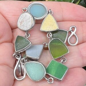 VINTAGE J.LEE JESSICA LEE SHADES OF GREEN SEA GLASS BRACELET 925 STERLING SILVER
